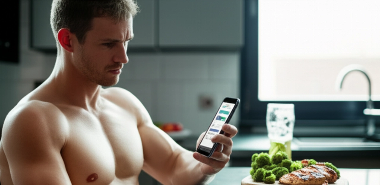 Un uomo caucasico in forma consulta un'app per il conteggio delle calorie con un pasto sano e un bicchiere di birra leggera accanto, in un'immagine iperrealistica.
