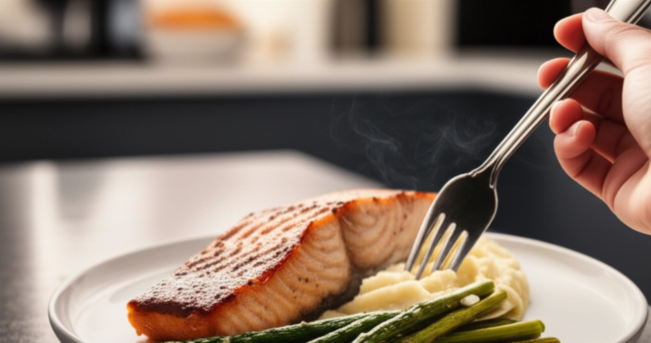 Primo piano di un piatto di salmone grigliato con asparagi e purè di cavolfiore, tenuto da mani caucasiche, in un ambiente di cucina moderna.