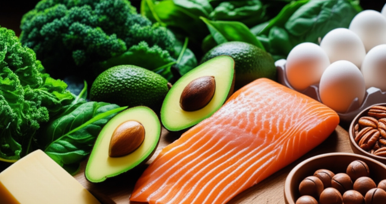 Scena in una cucina rustica con abbondanza di ingredienti freschi e crudi per la dieta chetogenica, illuminati da luce naturale.