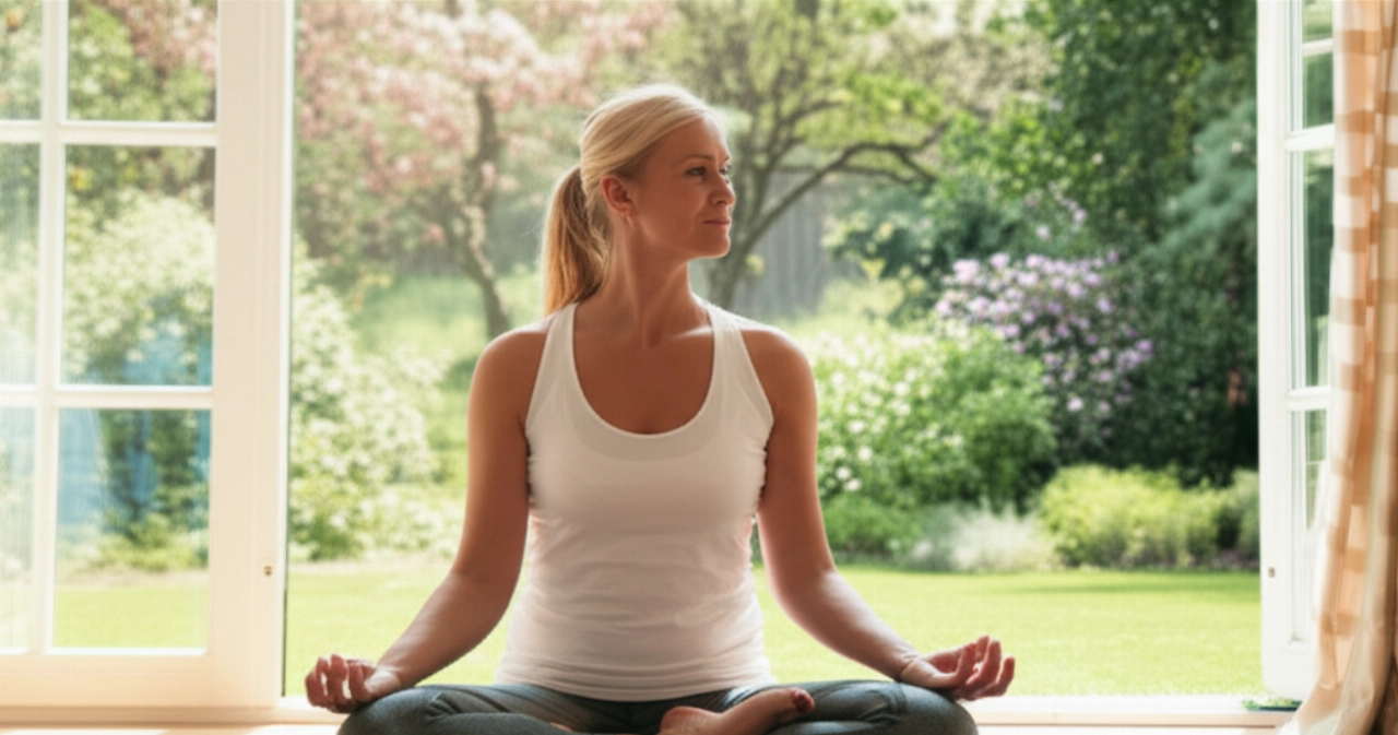 Donna caucasica serena che pratica yoga o medita in un ambiente luminoso, simboleggiando equilibrio e benessere interiore.