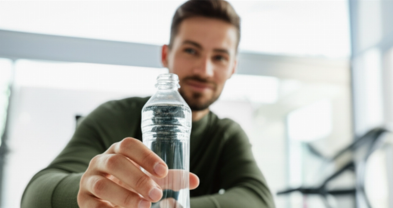 Un uomo caucasico energico e rinfrescato allunga la mano verso una bottiglia d'acqua, evocando vitalità e l'importanza dell'idratazione.