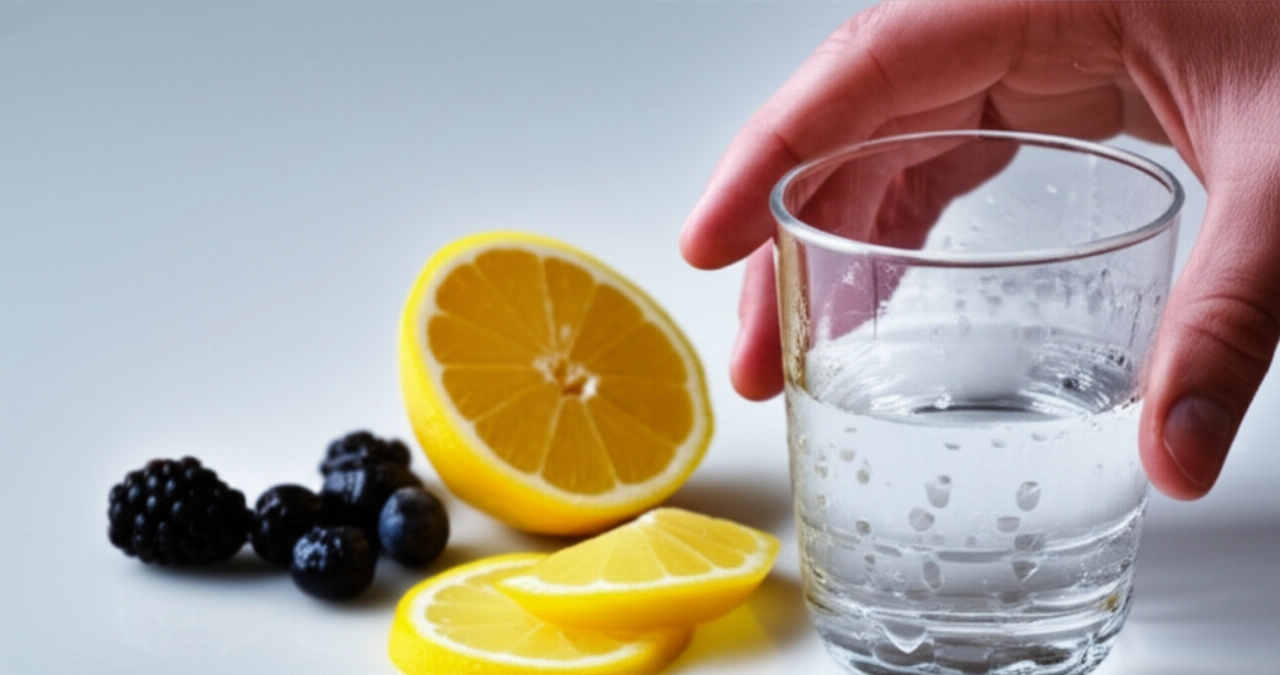 Una mano posa delicatamente un bicchiere d'acqua accanto a fette di limone e frutti di bosco su un bancone, rappresentando la semplicità e la freschezza dell'acqua per la salute.
