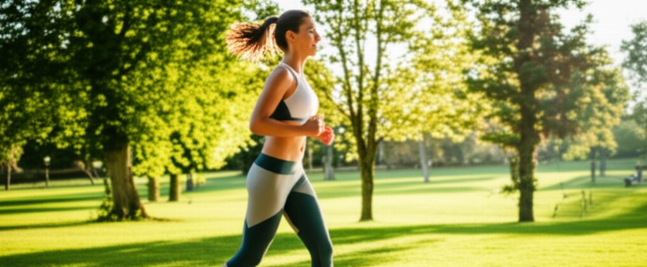 Una persona caucasica in abbigliamento sportivo corre in un parco soleggiato, simboleggiando energia e benessere fisico.