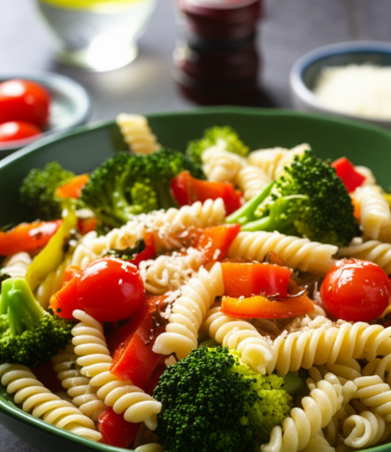 Primo piano iperrealistico di una ciotola di pasta integrale con verdure arrostite e parmigiano, splendidamente impiattata su un tavolo da cena.