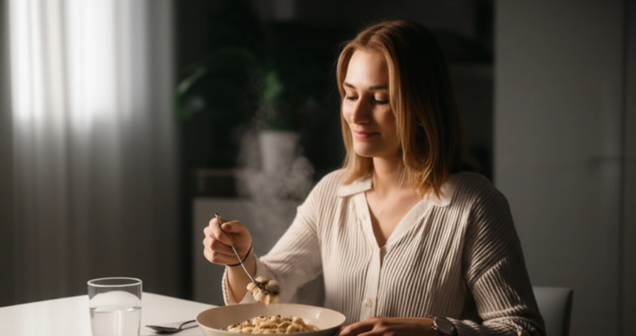 Una donna caucasica serena gusta una ciotola di risotto ai funghi in un ambiente domestico moderno e tranquillo durante la cena.
