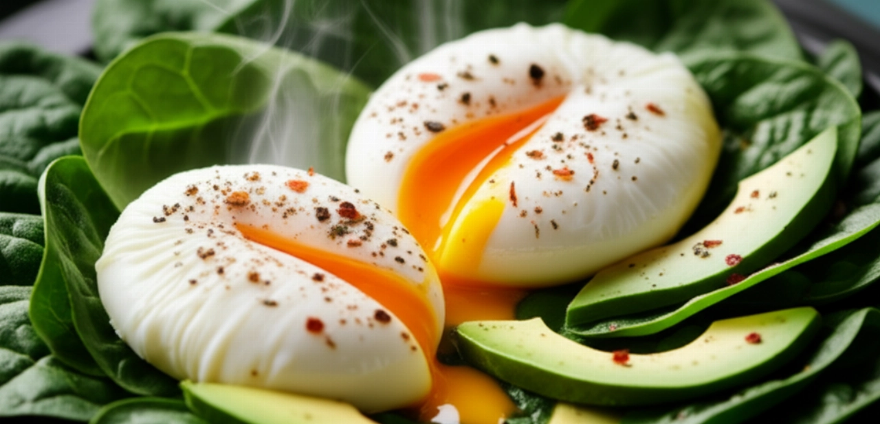 Primo piano iperrealistico e ultra-dettagliato di due uova in camicia perfette su un letto di spinaci freschi, accompagnate da fette di avocado cremoso, un'immagine invitante di colazione chetogenica.