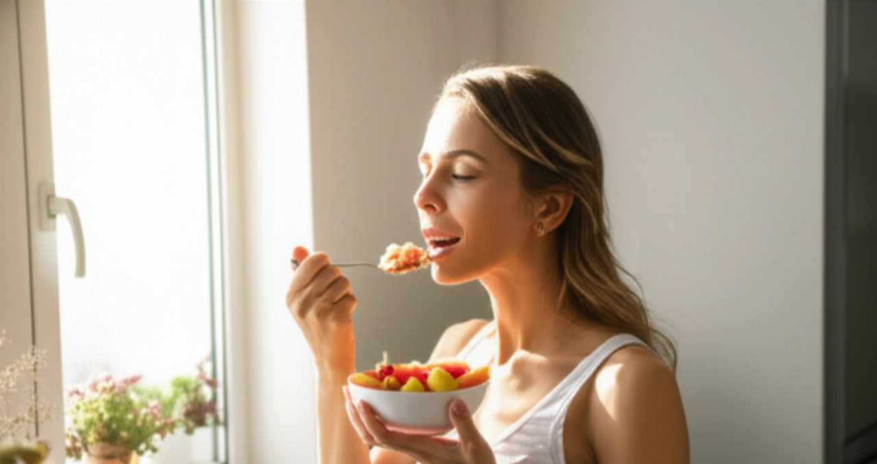 Una mujer caucásica serena disfrutando de un desayuno ligero a base de avena y fruta, iluminada por el sol de la mañana.