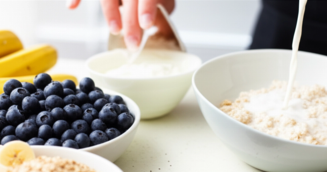 Ingredientes frescos y coloridos para un desayuno saludable: arándanos, plátanos, avena y yogur griego en una encimera de cocina.