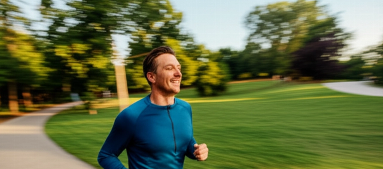 Un uomo caucasico in forma corre su un sentiero panoramico in un parco verde durante il tramonto, rappresentando l'attività fisica salutare.