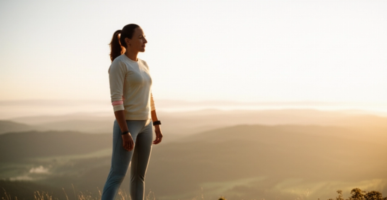 Una donna caucasica sicura di sé ammira un paesaggio montano all'alba, simboleggiando il benessere e il successo nel percorso di dimagrimento sano.