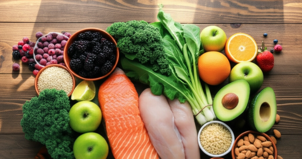 Composizione iperrealistica dall'alto di alimenti sani e freschi per la dieta, tra cui frutta, verdura, proteine magre e cereali integrali, su un tavolo di legno.