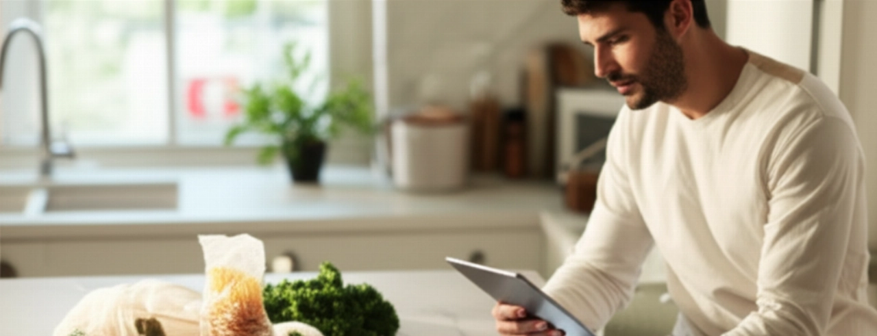 Un uomo caucasico seduto a un'isola della cucina, che consulta un piano alimentare su un tablet, con accanto alimenti sani appena acquistati in una borsa riutilizzabile, in un'immagine iperrealistica.