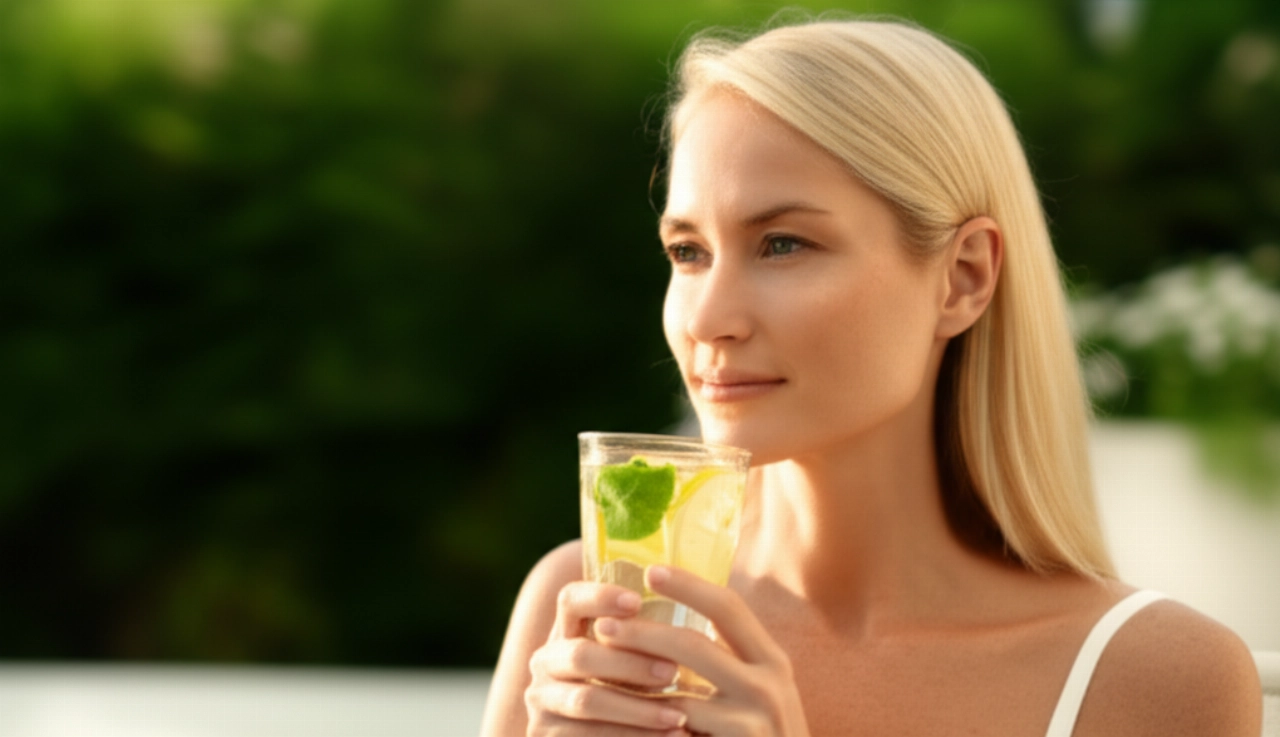 Una donna caucasica serena beve acqua aromatizzata all'aperto, in un ambiente naturale e rilassante, con luce calda del tardo pomeriggio.