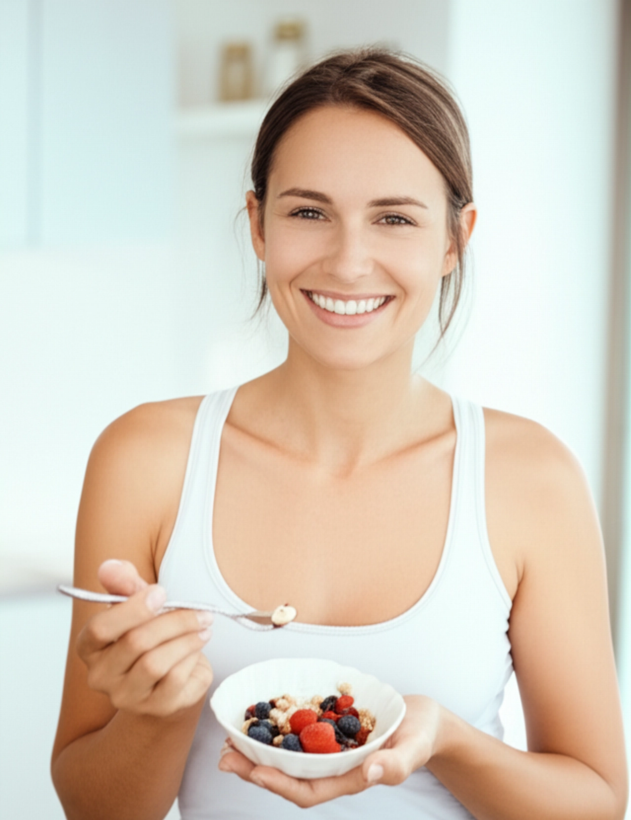 Una donna caucasica sorridente e piena di energia, che simboleggia il benessere raggiunto con la dieta chetogenica, con uno sfondo luminoso e pulito.