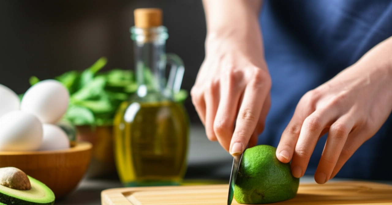 Dettaglio ravvicinato di mani caucasiche che preparano un pasto chetogenico, affettando un avocado fresco su un tagliere di legno, con altri ingredienti sullo sfondo.