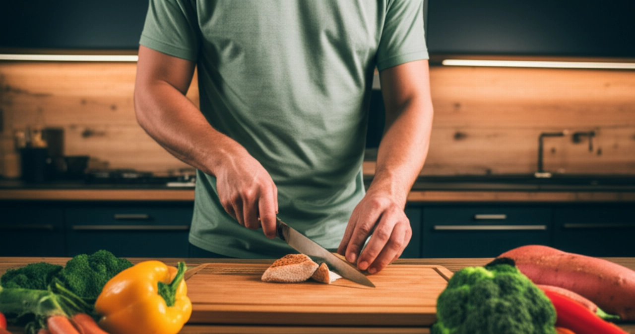 Uomo caucasico in cucina che prepara un pasto proteico con pollo e verdure fresche. Immagine iperrealistica che trasmette disciplina e alimentazione sana.