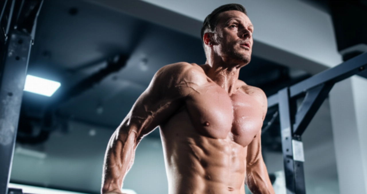 Uomo caucasico atletico che esegue un esercizio di forza in palestra, mostrando muscoli tesi e sudore. Immagine iperrealistica e dinamica che cattura l'intensità dell'allenamento.
