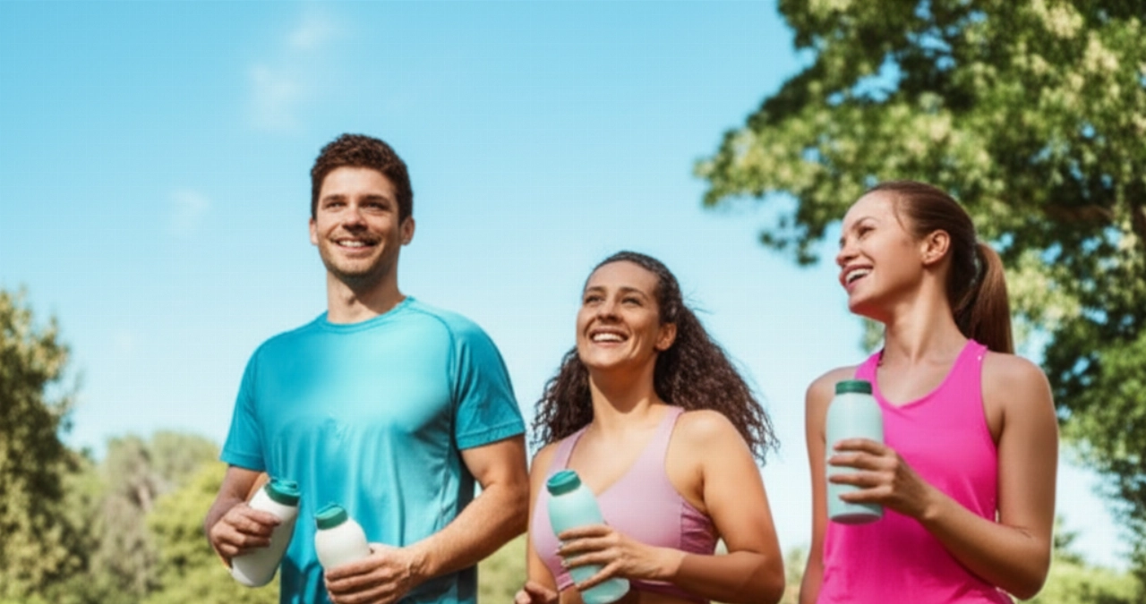 Un uomo e una donna caucasici, in forma e sorridenti, camminano in un parco soleggiato, trasmettendo energia e la gioia di uno stile di vita sano e attivo. Immagine iperrealistica con luce naturale.