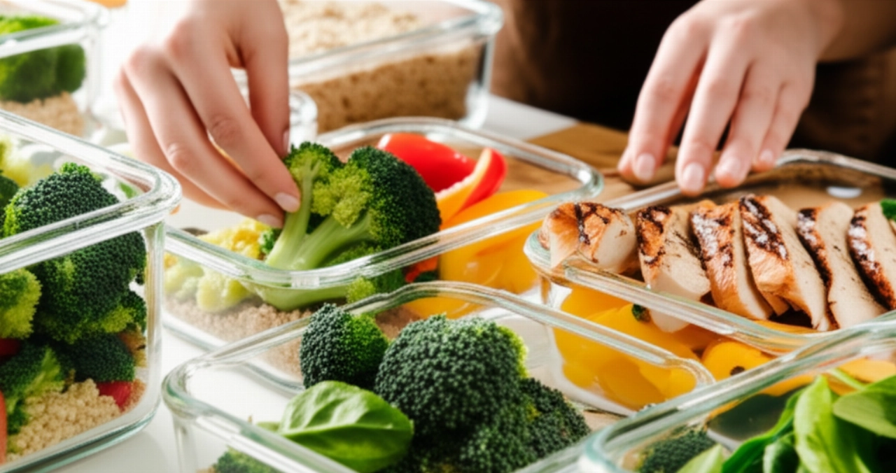 Una cucina iperrealistica con ingredienti freschi e sani per la preparazione dei pasti, come verdure, pollo e quinoa, disposti ordinatamente. Una mano caucasica sistema il cibo in contenitori, simboleggiando la costanza e la facilità di una dieta di mante