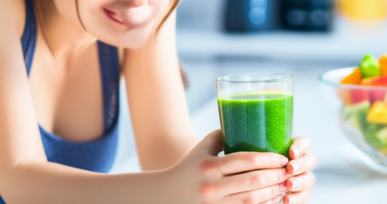 Una giovane donna caucasica serena beve un frullato detox verde in una cucina minimalista, con la luce naturale del mattino che ne evidenzia la pelle luminosa.