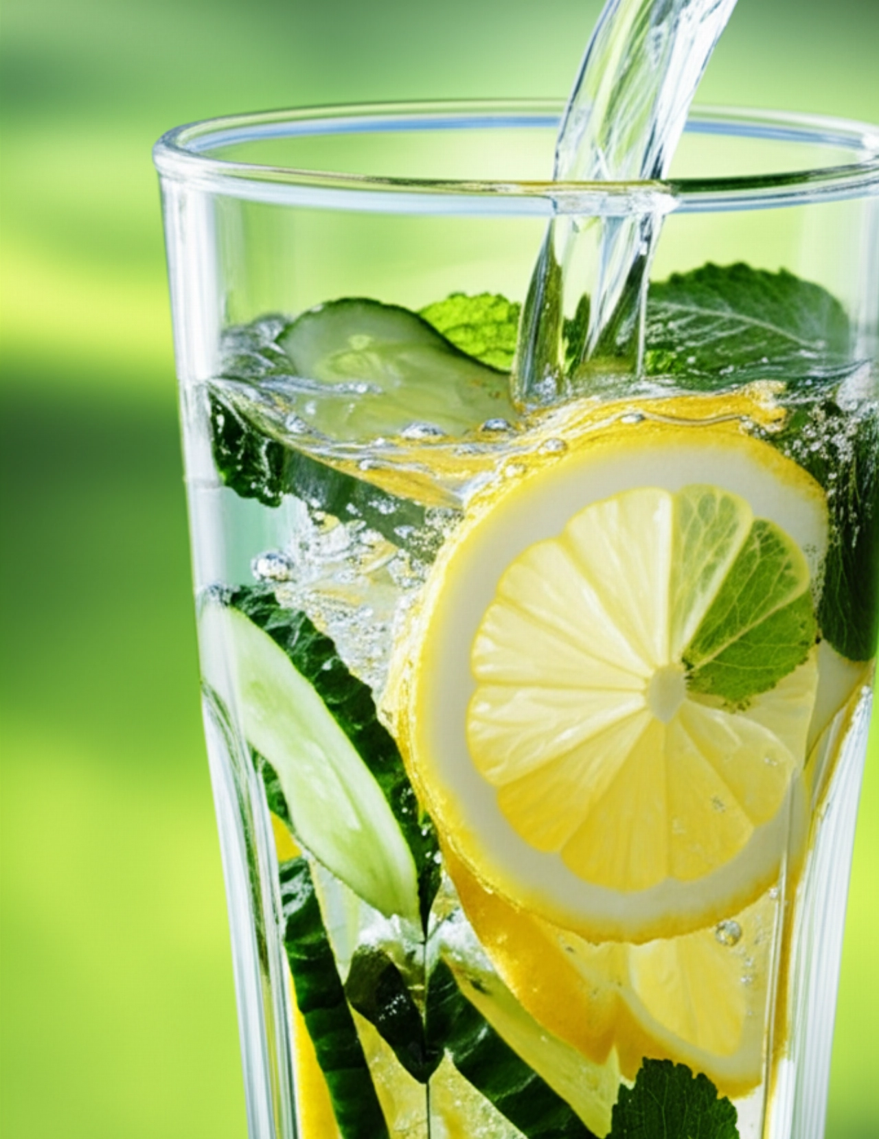 Acqua cristallina viene versata in una brocca con fette di cetriolo, limone e menta, con raggi di sole che creano rifrazioni e bolle, simboleggiando freschezza e purezza.