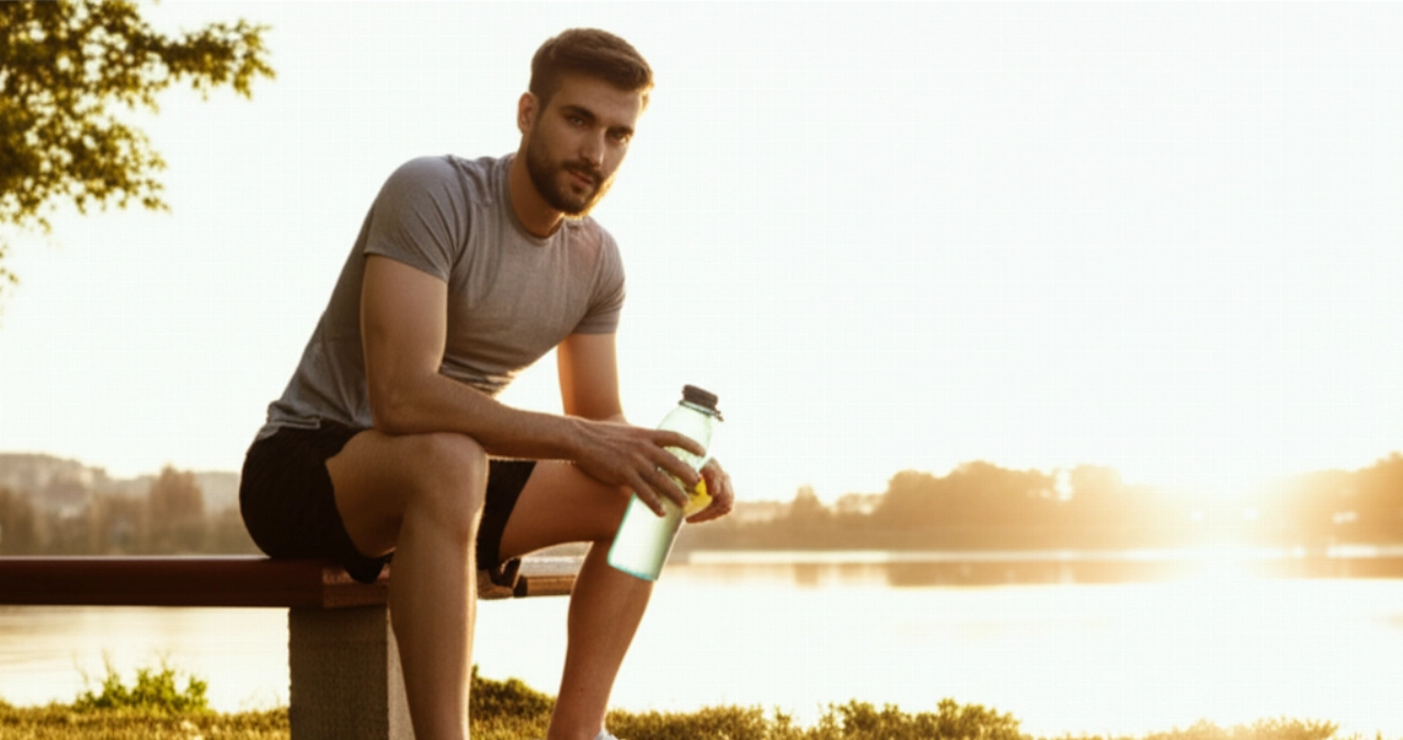 Uomo caucasico in abbigliamento sportivo seduto su una panchina in un parco con vista lago all'alba, con una bottiglia d'acqua e frutta, che simboleggia uno stile di vita sano.