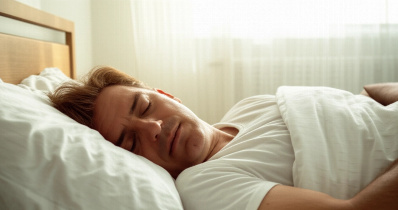 Un uomo caucasico dorme profondamente in un letto confortevole in una camera da letto minimalista, illuminato dalla morbida luce mattutina.