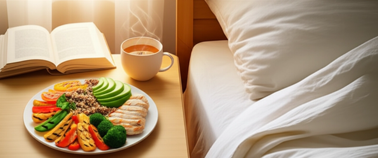 Una composizione iperrealistica che unisce un piatto di cibo sano con un cuscino, una coperta e una tisana, simboleggiando l'equilibrio tra dieta e sonno.