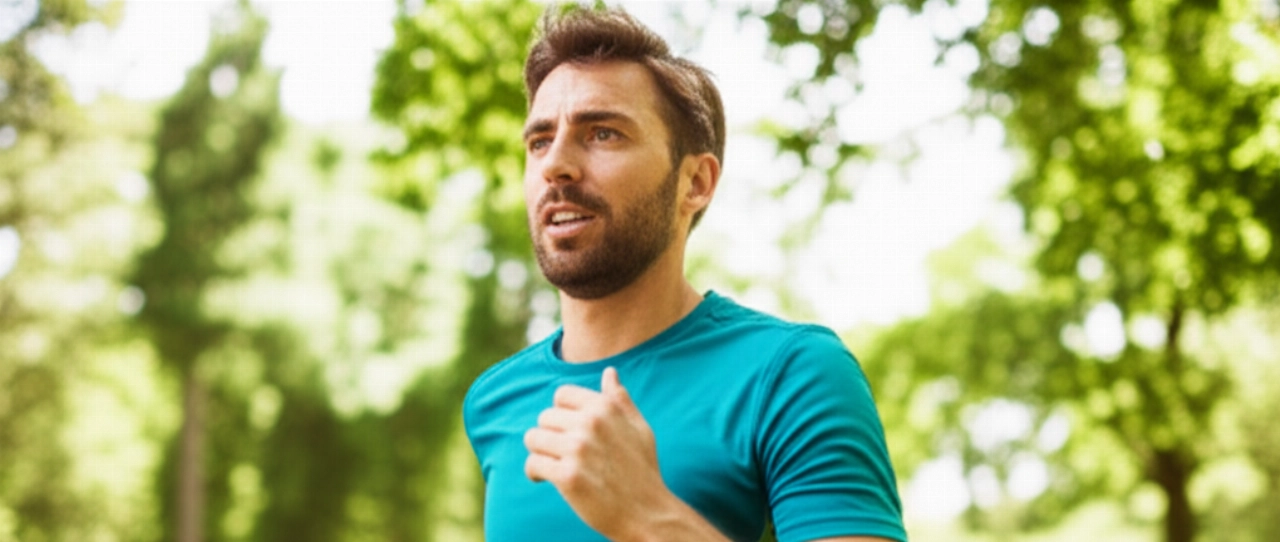 Un uomo caucasico energico che corre in un parco verde, con il sudore che gli bagna la fronte, rappresentando l'attività fisica e la determinazione.