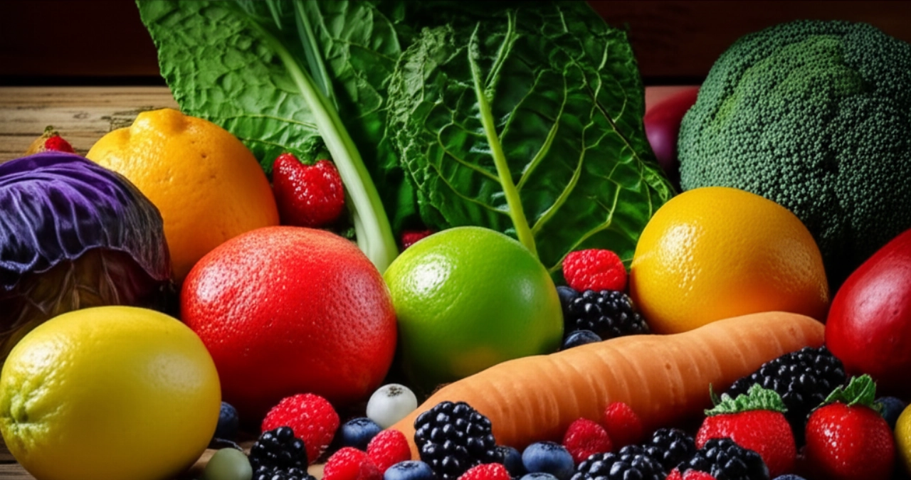 Un primo piano iperrealistico di frutta e verdura fresca e colorata disposta artisticamente su un tavolo di legno, simboleggiando ingredienti sani per una dieta efficace.