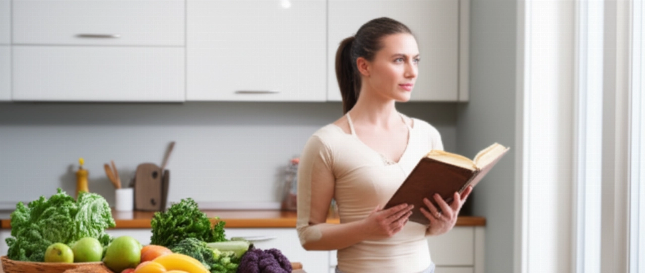 Una giovane donna caucasica in una cucina moderna e luminosa, circondata da ingredienti freschi, tiene in mano un libro antico, riflettendo sul significato profondo e l'evoluzione della parola "dieta".