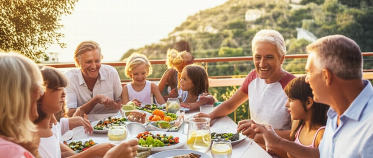 Una famiglia caucasica sorridente condivide un pasto mediterraneo all'aperto su una terrazza con vista sul mare, simboleggiando gioia e salute.