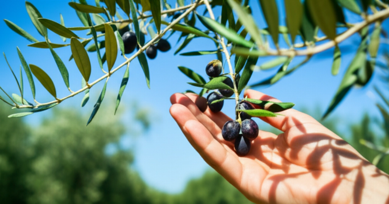 Primo piano di una mano caucasica che raccoglie olive fresche e mature direttamente da un albero in un uliveto soleggiato, evidenziando la freschezza degli ingredienti mediterranei.