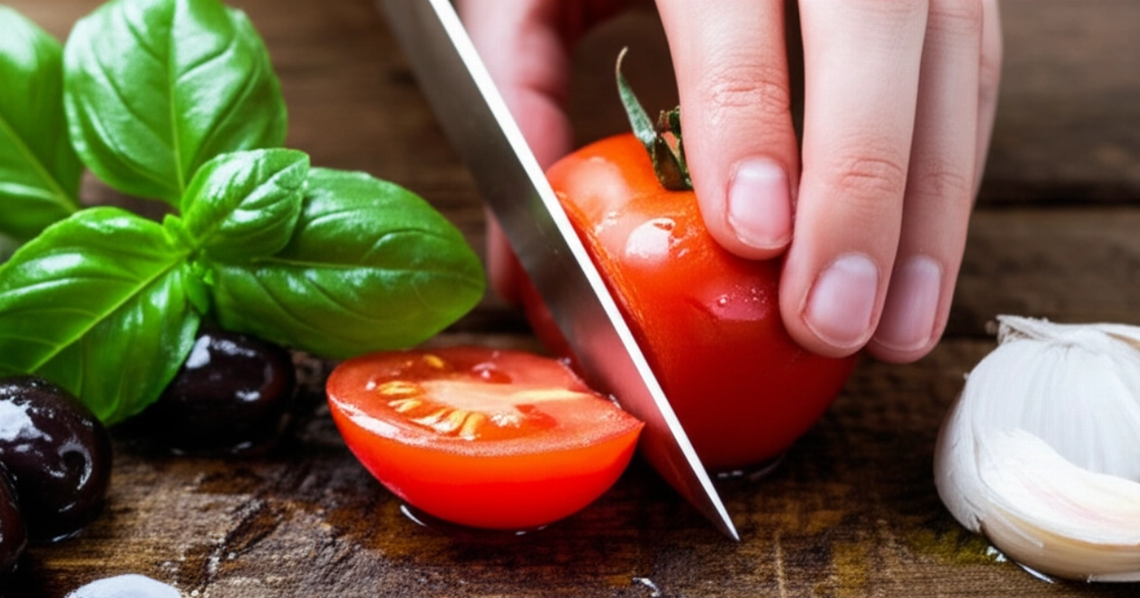 Primo piano iperrealistico e dettagliato di ingredienti freschi mediterranei su un tagliere di legno, con una mano caucasica che affetta un pomodoro, illuminato da luce naturale diffusa.