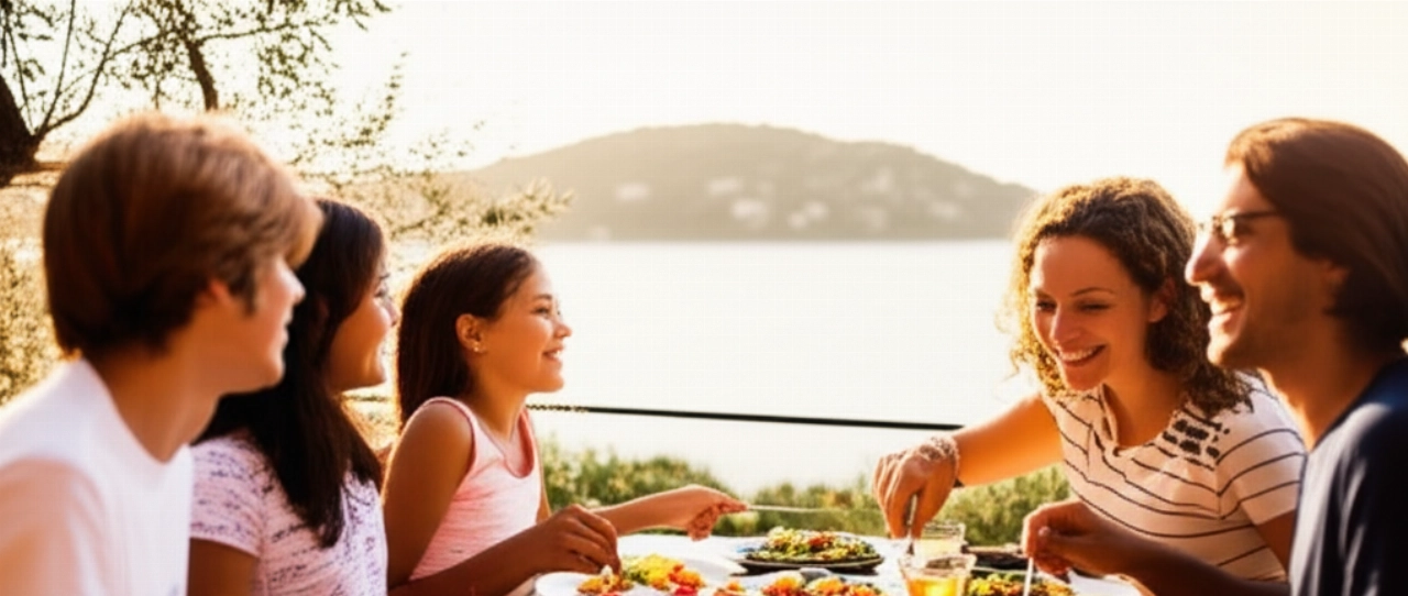 Famiglia caucasica felice che pranza all'aperto su una terrazza soleggiata con vista mare, condividendo un pasto mediterraneo vibrante, in un momento spontaneo e gioioso.