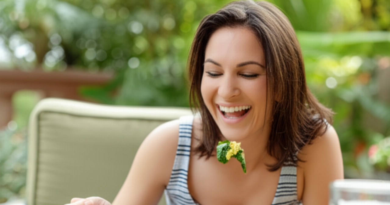 Una donna caucasica sorridente che gusta una colazione paleo a base di uova e verdure su un patio assolato, con sfondo verde sfocato.