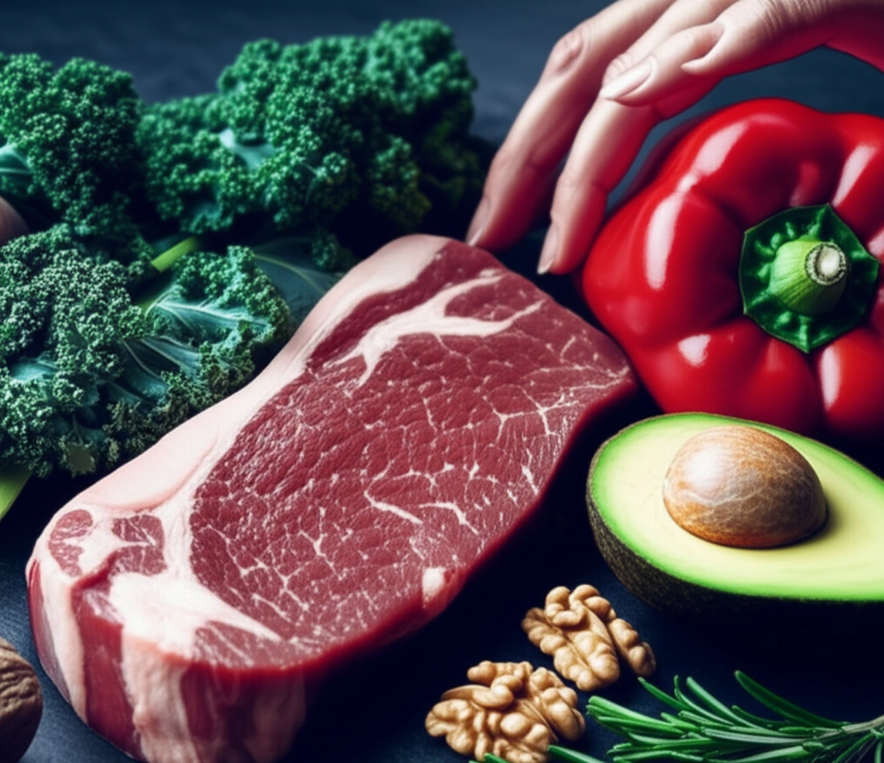 Primo piano iperrealistico di ingredienti crudi per la dieta paleo, tra cui carne, verdure fresche e frutta secca, disposti su un piano di lavoro in pietra.