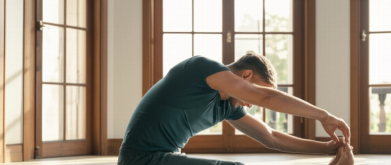 Un uomo caucasico in forma esegue una posa yoga rilassante in un salotto soleggiato, rappresentando l'esercizio fisico per il benessere.