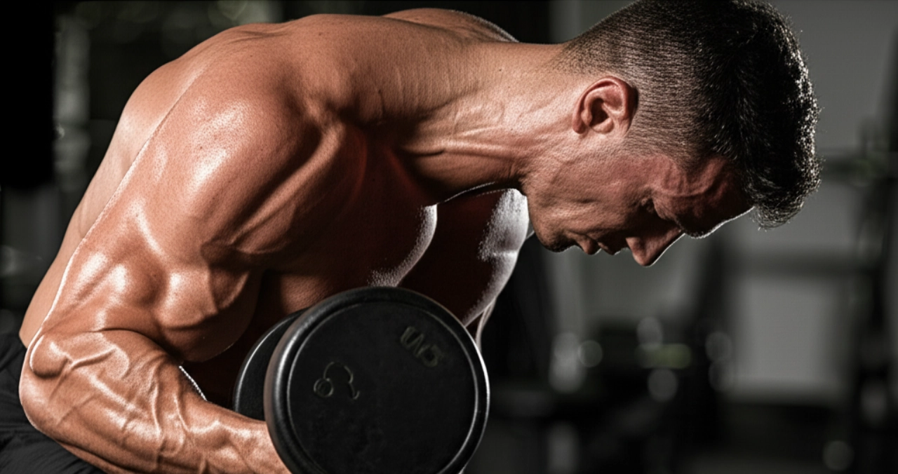 Uomo caucasico con muscoli definiti che esegue un esercizio con manubri in palestra, con sudore e concentrazione evidenti, illuminato da una luce dinamica.