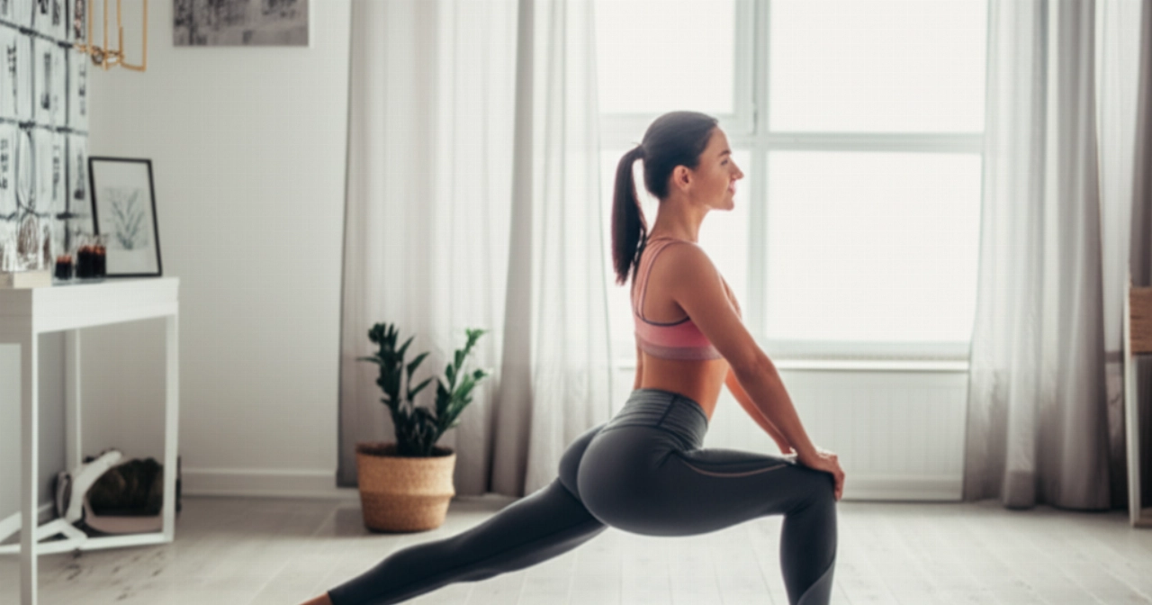 Donna caucasica che esegue un delicato stretching per fianchi e cosce in un ambiente luminoso, simboleggiando esercizio e benessere per una silhouette tonica.