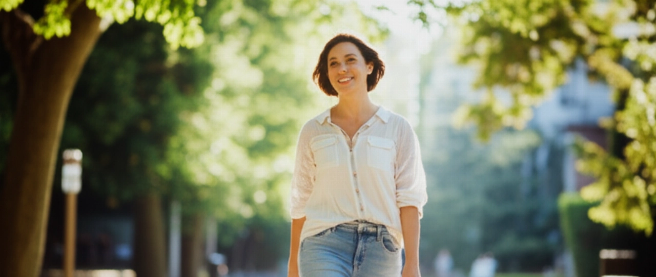 Donna caucasica sorridente e sicura di sé che cammina in un parco, con gambe e fianchi tonici, rappresentando i risultati di una dieta sana e uno stile di vita attivo.
