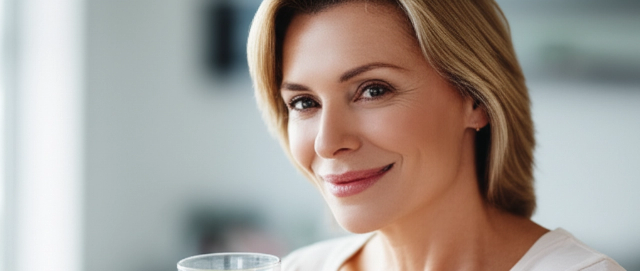 Ritratto iperrealistico di una donna caucasica radiosa e sicura di sé, con un bicchiere d'acqua, che trasmette salute e benessere con un sorriso calmo.