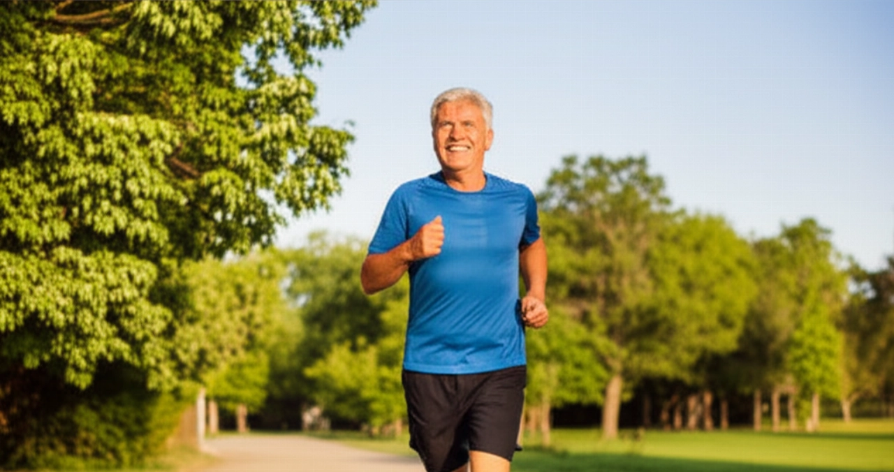 Uomo caucasico in forma di circa 60 anni che corre felicemente in un parco illuminato dal sole, simbolo di vitalità ed energia.