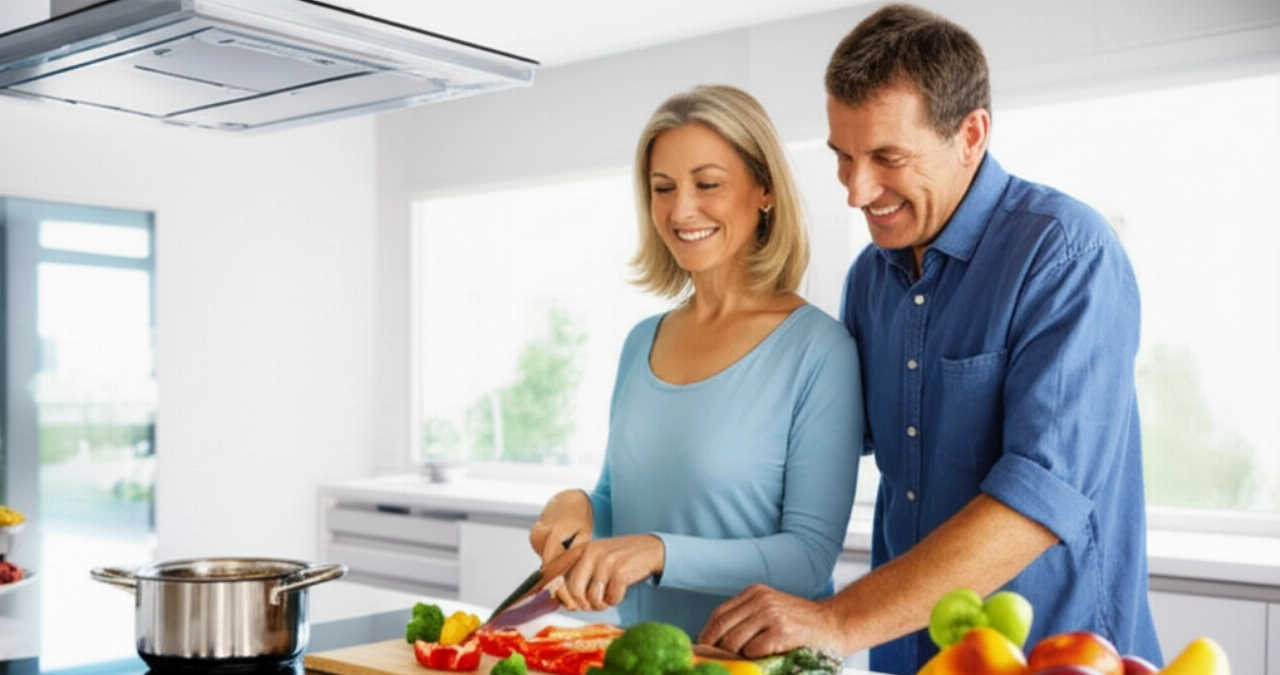 Coppia caucasica sorridente di circa 50 anni che prepara insieme un pasto sano in una cucina moderna e luminosa, con frutta fresca in primo piano.