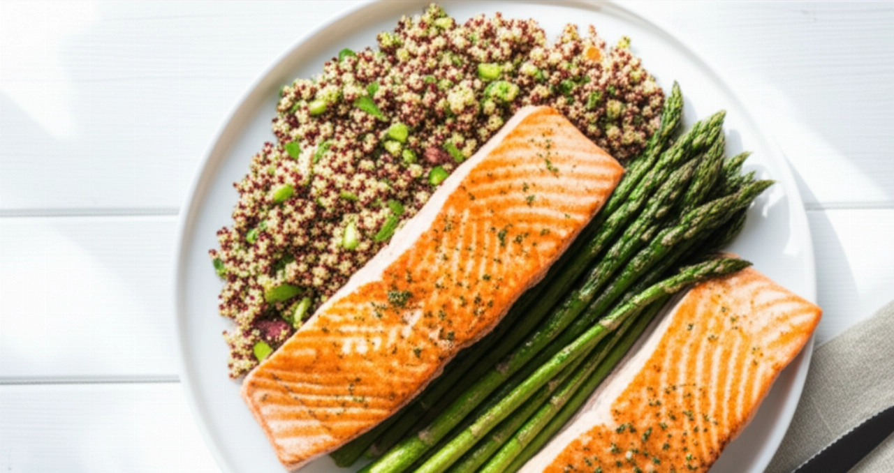 Un primo piano iperrealistico di un piatto gourmet senza glutine, con salmone, asparagi e insalata di quinoa, presentato elegantemente su un tavolo moderno.