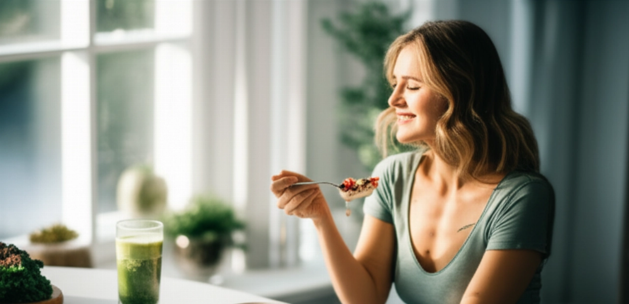 Una donna caucasica sorridente che fa colazione con alimenti ricchi di sirtuine in una cucina luminosa, con una ciotola di farina d'avena e un bicchiere di succo verde.