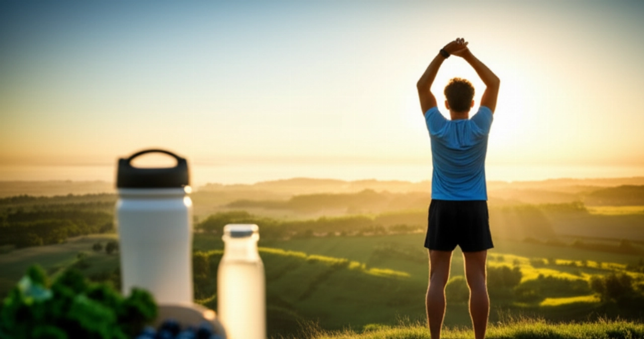 Un uomo caucasico in forma che si allunga su una collina panoramica all'alba, simboleggiando vitalità e benessere, con elementi della dieta Sirt in primo piano.