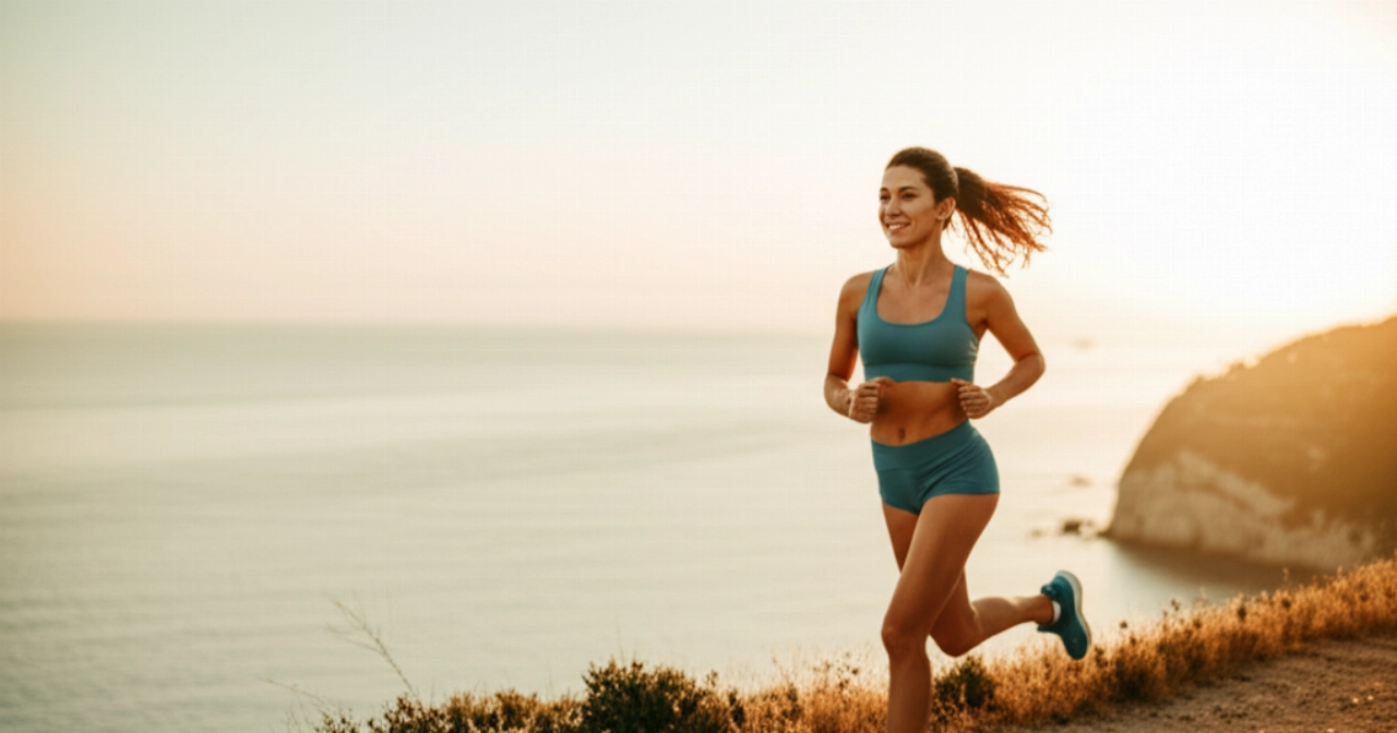 Fit Caucasian woman running energetically along a coastal path at sunset, embodying well-being and vitality from a 'Strong Diet'.