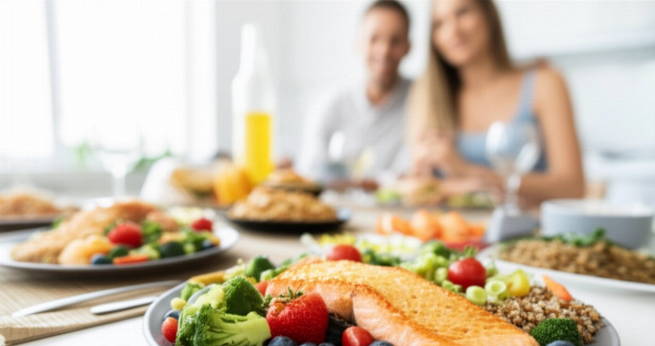 Table laden with a rich variety of healthy and appetizing foods, with a smiling couple in the background, symbolizing a 'Strong Diet' and a healthy lifestyle.
