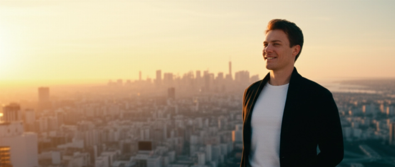 Un uomo caucasico sicuro di sé osserva un panorama urbano al tramonto, simboleggiando successo e benessere.
